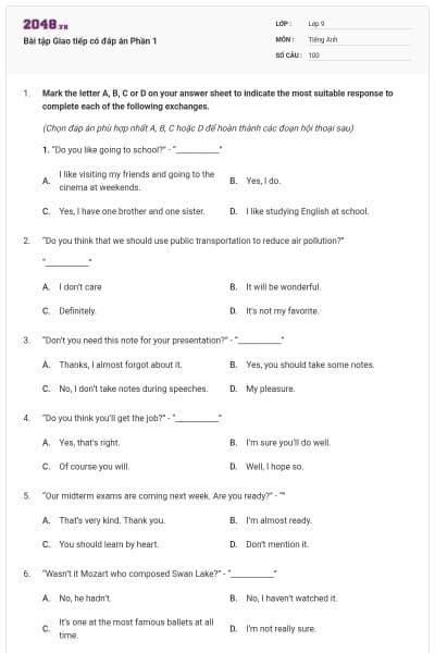 Bài tập Giao tiếp có đáp án Phần 1