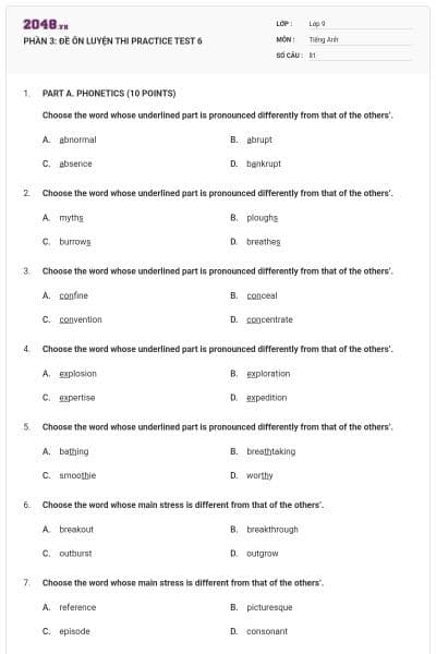 PHẦN 3: ĐỀ ÔN LUYỆN THI  PRACTICE TEST 6