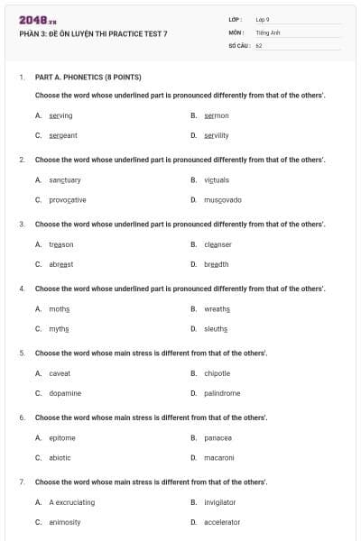 PHẦN 3: ĐỀ ÔN LUYỆN THI  PRACTICE TEST 7