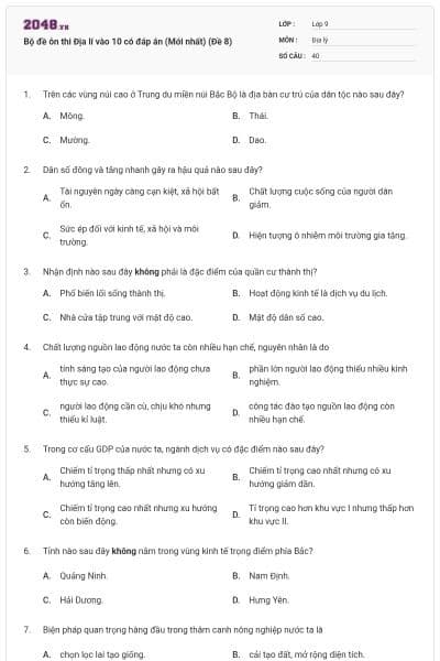 Bộ đề ôn thi Địa lí vào 10 có đáp án (Mới nhất) (Đề 8)