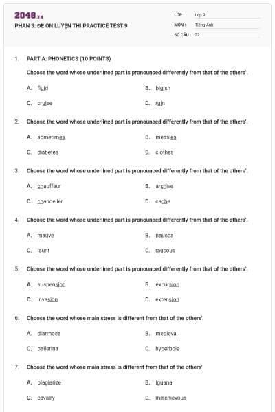 PHẦN 3: ĐỀ ÔN LUYỆN THI  PRACTICE TEST 9