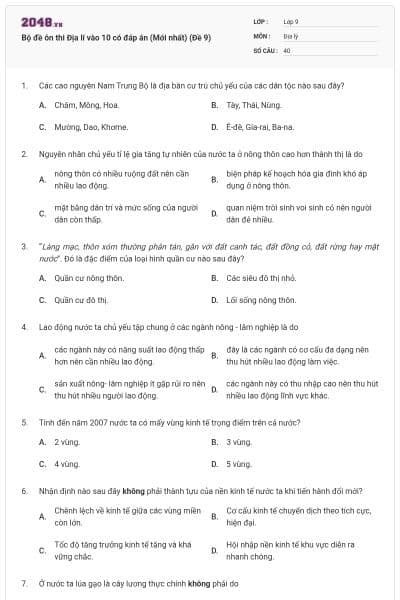Bộ đề ôn thi Địa lí vào 10 có đáp án (Mới nhất) (Đề 9)