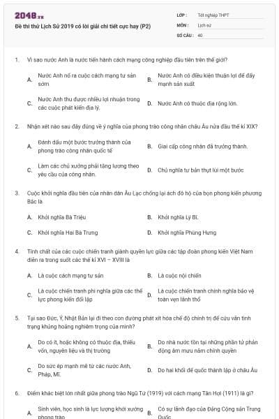 Đề thi thử Lịch Sử 2019 có lời giải chi tiết cực hay (P2)