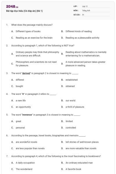 Bài tập đọc hiểu (Có đáp án) (Đề 1)