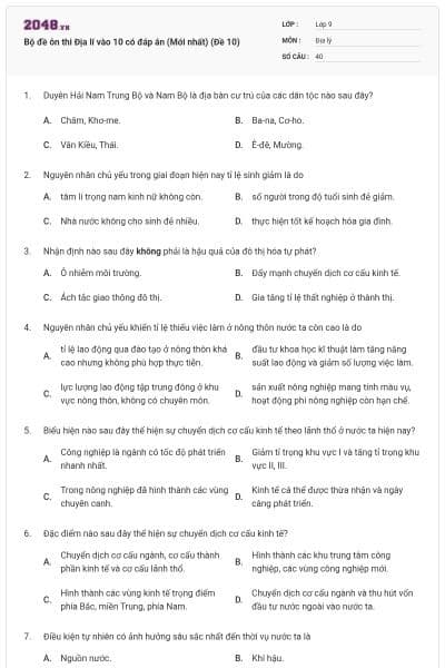 Bộ đề ôn thi Địa lí vào 10 có đáp án (Mới nhất) (Đề 10)