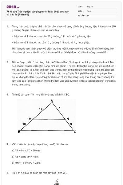 7881 câu Trắc nghiệm tổng hợp môn Toán 2023 cực hay có đáp án (Phần 66)