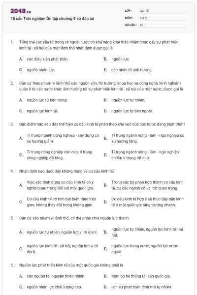 15 câu Trắc nghiệm Ôn tập chương 9 có đáp án