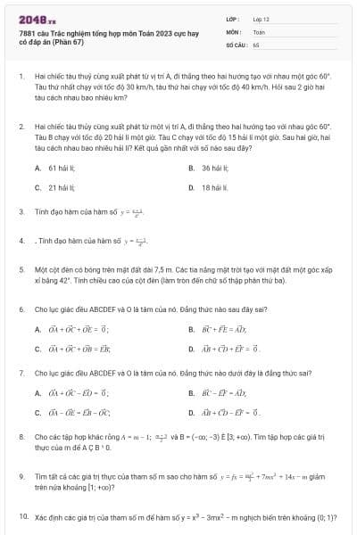 7881 câu  Trắc nghiệm tổng hợp môn Toán 2023 cực hay có đáp án (Phần 67)