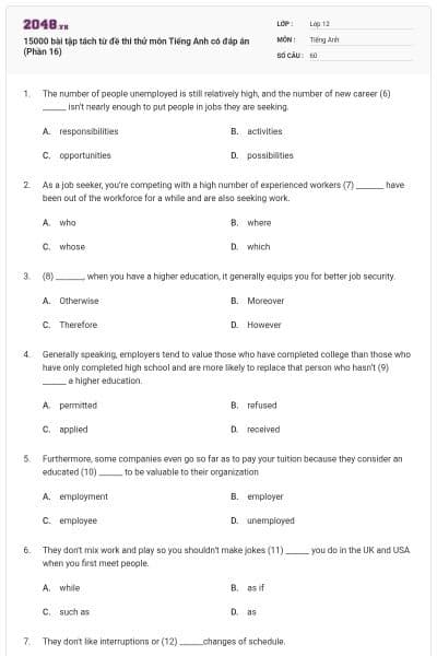 15000 bài tập tách từ đề thi thử môn Tiếng Anh có đáp án (Phần 16)