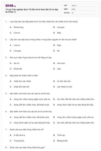 15 câu Trắc nghiệm Địa lí 10 Kết nối tri thức Bài 24 có đáp án (Phần 1)