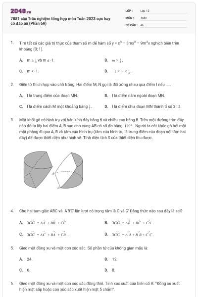 7881 câu  Trắc nghiệm tổng hợp môn Toán 2023 cực hay có đáp án (Phần 69)