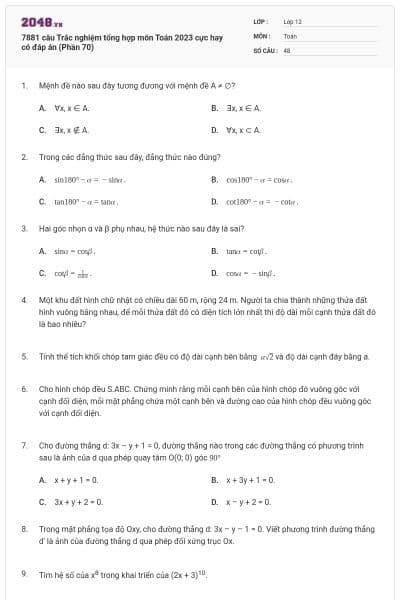 7881 câu  Trắc nghiệm tổng hợp môn Toán 2023 cực hay có đáp án (Phần 70)