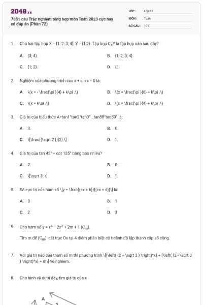 7881 câu  Trắc nghiệm tổng hợp môn Toán 2023 cực hay có đáp án (Phần 72)