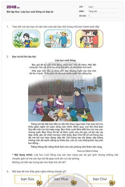 Bài tập Đọc: Lớp học cuối đông có đáp án