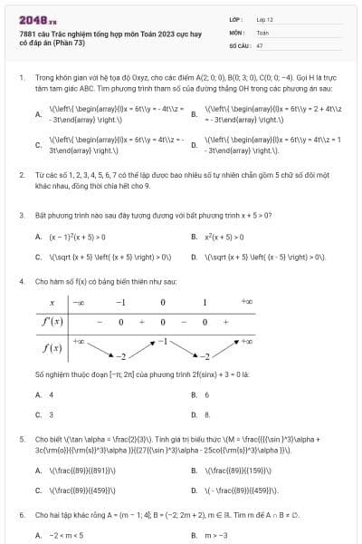 7881 câu Trắc nghiệm tổng hợp môn Toán 2023 cực hay có đáp án (Phần 73)