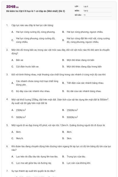 Đề kiểm tra Vật lí 8 học kì 1 có đáp án (Mới nhất) (Đề 3)