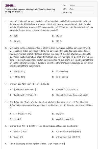 7881 câu  Trắc nghiệm tổng hợp môn Toán 2023 cực hay có đáp án (Phần 74)