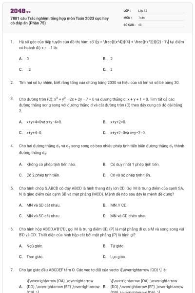 7881 câu  Trắc nghiệm tổng hợp môn Toán 2023 cực hay có đáp án (Phần 75)
