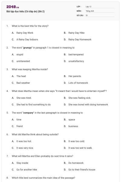 Bài tập đọc hiểu (Có đáp án) (Đề 2)