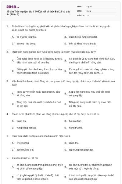 15 câu Trắc nghiệm Địa lí 10 Kết nối tri thức Bài 26 có đáp án (Phần 1)