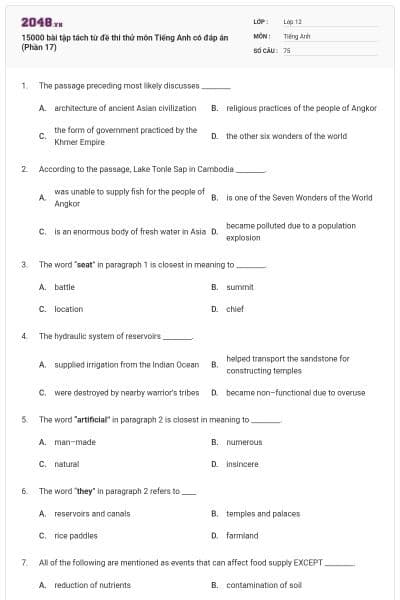 15000 bài tập tách từ đề thi thử môn Tiếng Anh có đáp án (Phần 17)