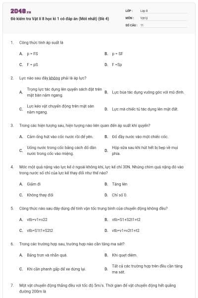 Đề kiểm tra Vật lí 8 học kì 1 có đáp án (Mới nhất) (Đề 4)