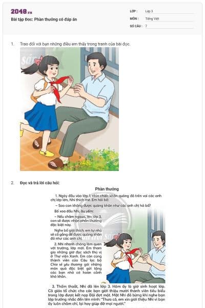 Bài tập Đoc: Phần thưởng có đáp án