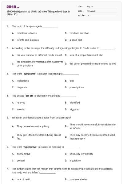 15000 bài tập tách từ đề thi thử môn Tiếng Anh có đáp án (Phần 22)