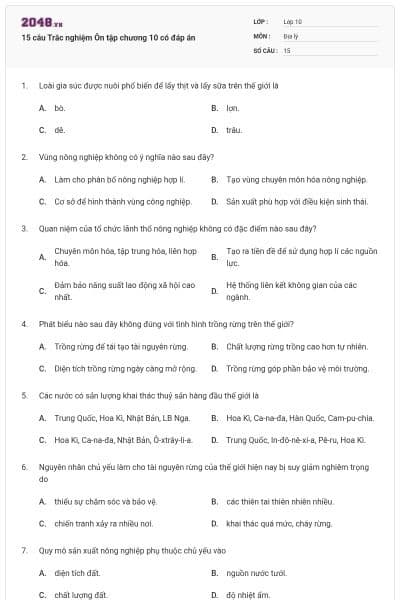 15 câu Trắc nghiệm Ôn tập chương 10 có đáp án