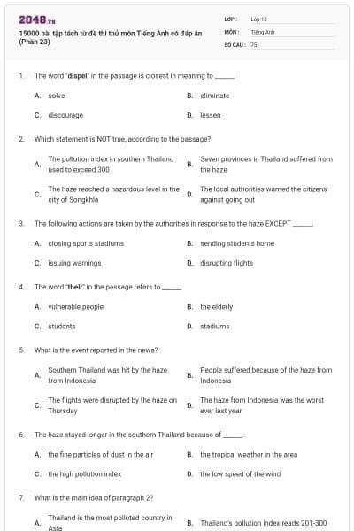 15000 bài tập tách từ đề thi thử môn Tiếng Anh có đáp án (Phần 23)