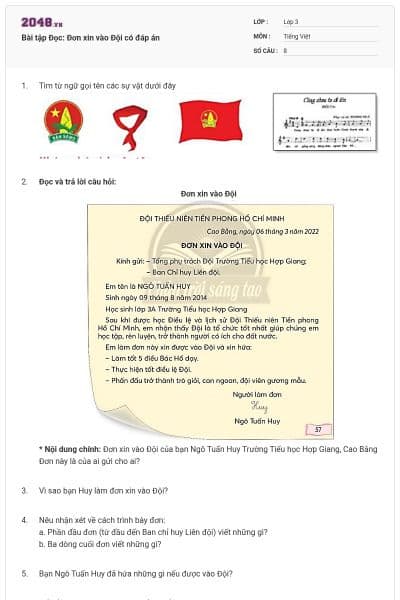 Bài tập Đọc: Đơn xin vào Đội có đáp án