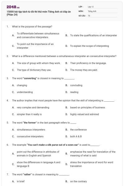 15000 bài tập tách từ đề thi thử môn Tiếng Anh có đáp án (Phần 24)