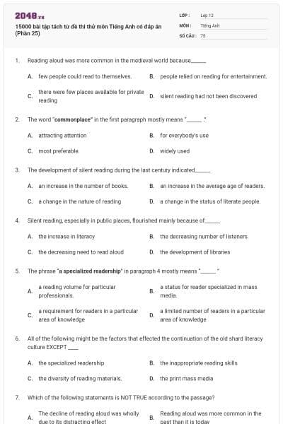 15000 bài tập tách từ đề thi thử môn Tiếng Anh có đáp án (Phần 25)