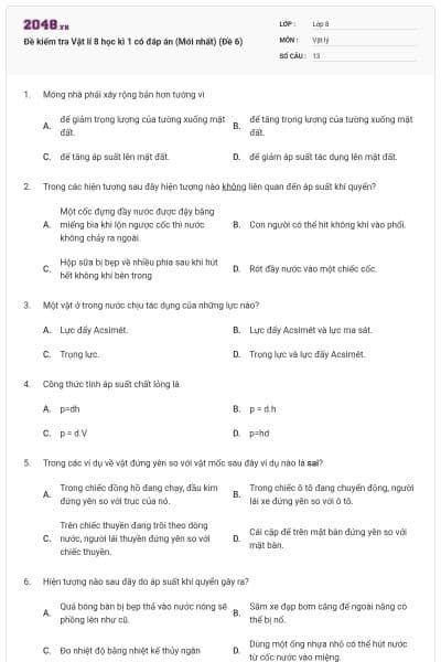 Đề kiểm tra Vật lí 8 học kì 1 có đáp án (Mới nhất) (Đề 6)