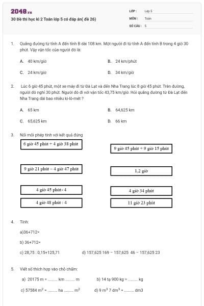 30 Đề thi học kì 2 Toán lớp 5 có đáp án( đề 26)