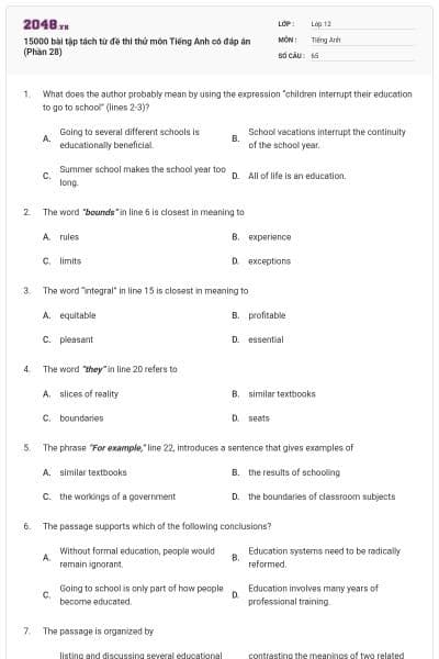 15000 bài tập tách từ đề thi thử môn Tiếng Anh có đáp án (Phần 28)