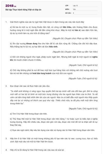 Bài tập Thực hành tiếng Việt có đáp án