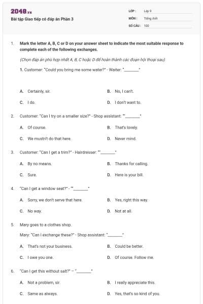 Bài tập Giao tiếp có đáp án Phần 3