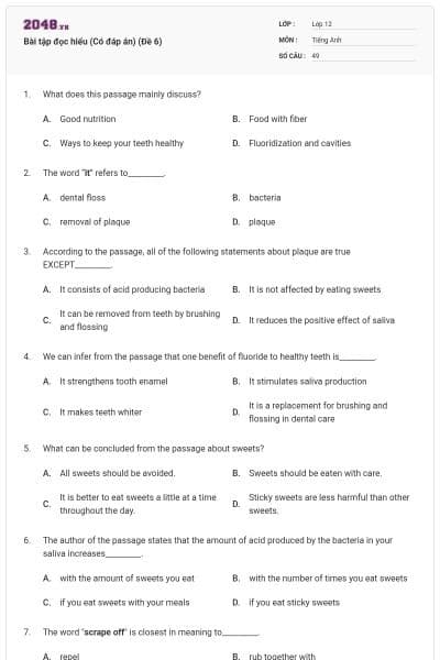 Bài tập đọc hiểu (Có đáp án) (Đề 6)