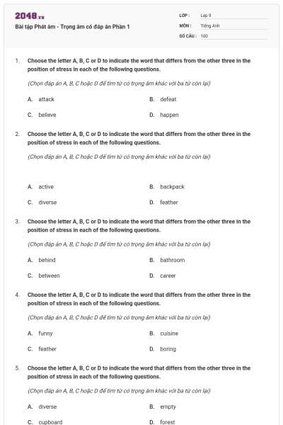 Bài tập Phát âm - Trọng âm có đáp án Phần 1