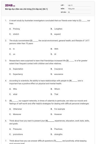 Bài tập đọc điền vào chỗ trống (Có đáp án) (Đề 1)