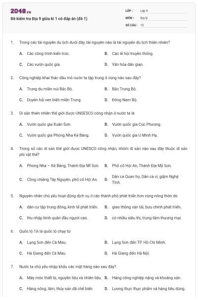 Đề kiểm tra Địa 9 giữa kì 1 có đáp án (đề 1)