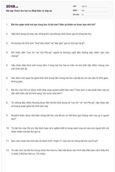 Bài tập Chùm thơ hai-cư Nhật Bản có đáp án