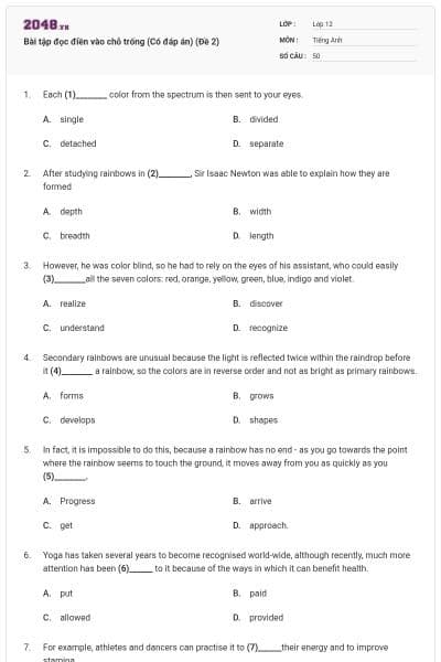 Bài tập đọc điền vào chỗ trống (Có đáp án) (Đề 2)