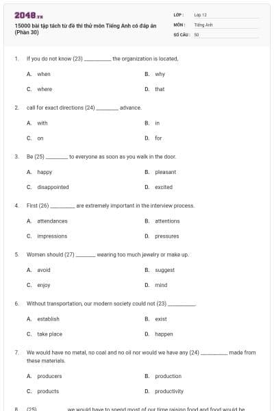 15000 bài tập tách từ đề thi thử môn Tiếng Anh có đáp án (Phần 30)