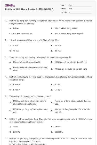 Đề kiểm tra Vật lí 8 học kì 1 có đáp án (Mới nhất) (Đề 7)