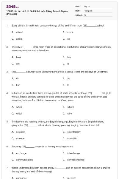 15000 bài tập tách từ đề thi thử môn Tiếng Anh có đáp án (Phần 31)