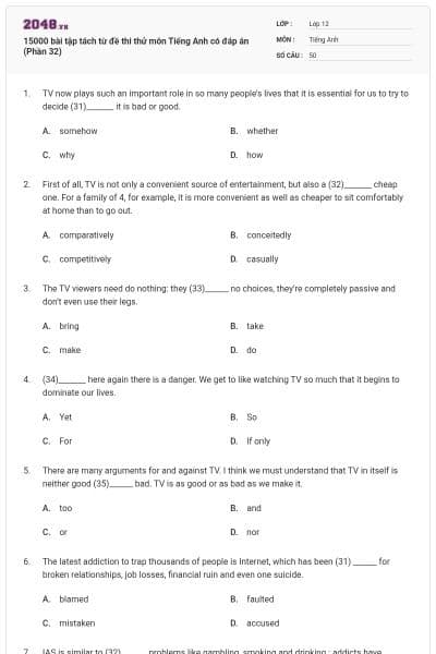 15000 bài tập tách từ đề thi thử môn Tiếng Anh có đáp án (Phần 32)