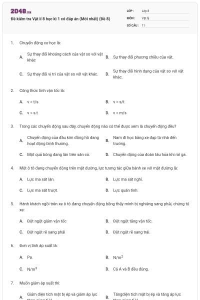 Đề kiểm tra Vật lí 8 học kì 1 có đáp án (Mới nhất) (Đề 8)