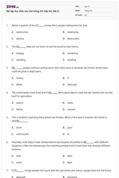 Bài tập đọc điền vào chỗ trống (Có đáp án) (Đề 3)